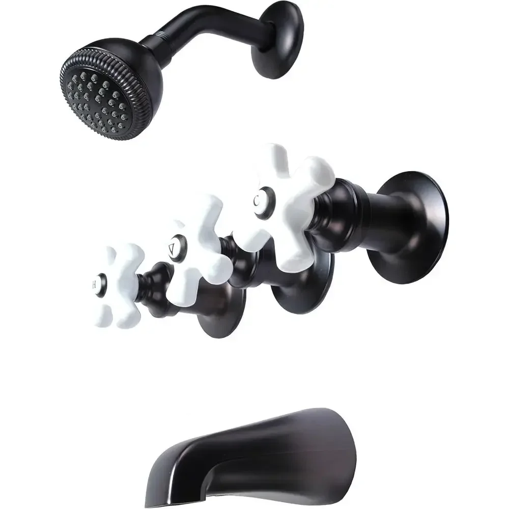 3-Handle Tub & Shower Faucet, Oil Rubbed Bronze Finish, Porcelain Handles, Compression Stems