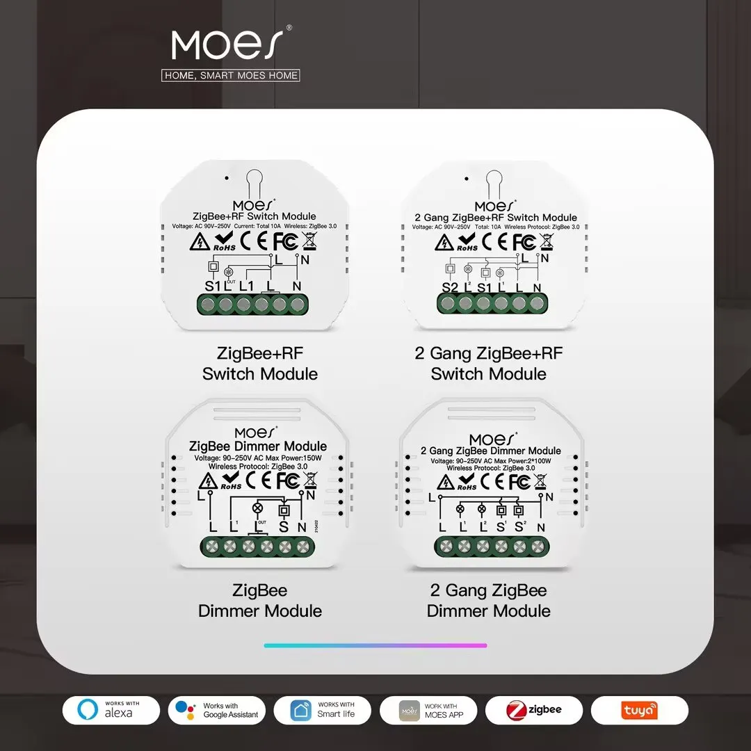 MOES ZigBee 3.0 Smart Light Switch Relay Module 1/2/3 Gang Smart Life/Tuya Control, 2MQTT Setup with Alexa Google Home Yandex