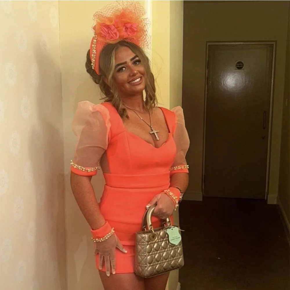 

Мини-короткое оранжевое коктейльное платье-футляр с короткими пышными рукавами Коктейльное платье Милая вечернее платье Платье для выпускного вечера с бисером