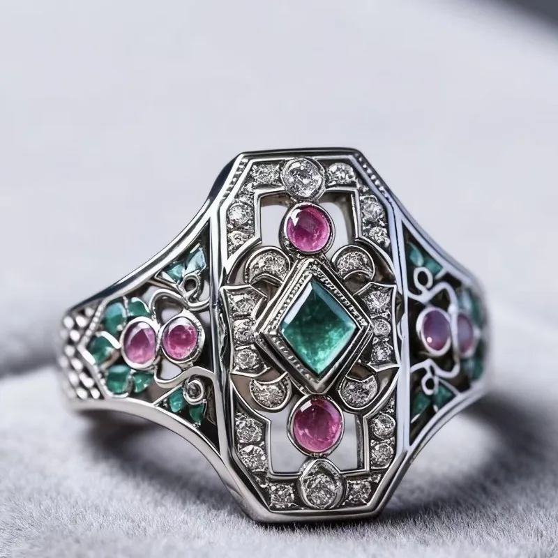 

2026 Eco-Friendly Alloy Ring - Palace Style Luxury Design Inlaid Red Green Color Diamond Women's Fashion Diamond Jewelry