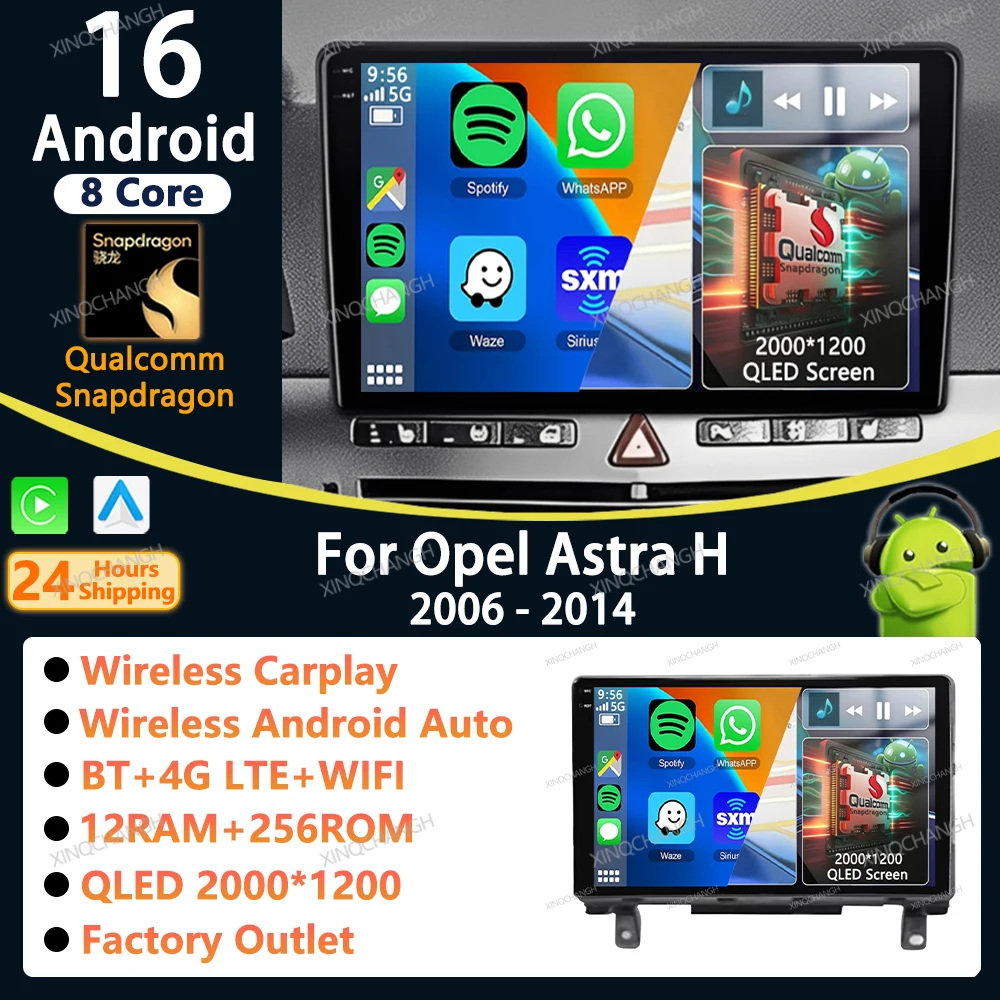 Android 16 Car Radio Carplay Auto For Opel Astra H 2006 - 2014 Audio Fascia Panel Video Head Unit Accessories 2 DIN Player Frame