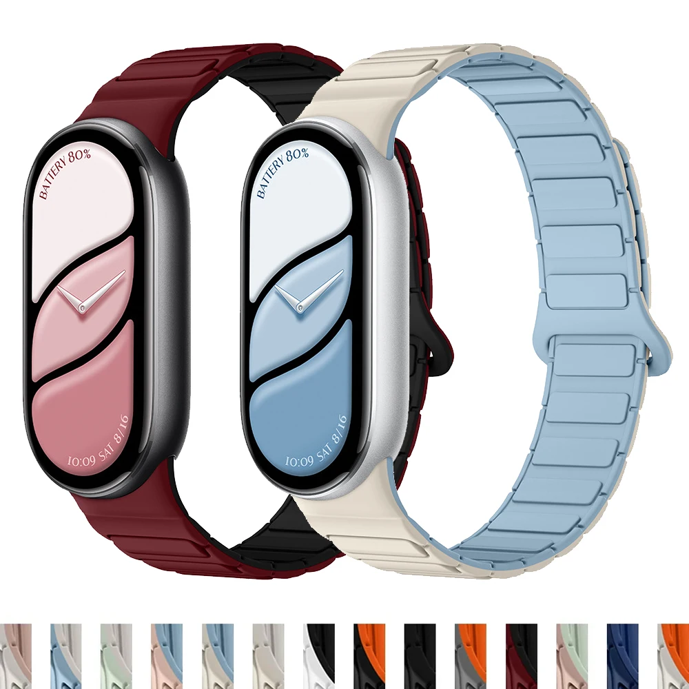 Zweifarbiges Silikonarmband für Xiaomi Watch 10/9/8 Magnetisches Sportarmband für Miband 10 NFC Smartwatch Ersatz-Modearmband
