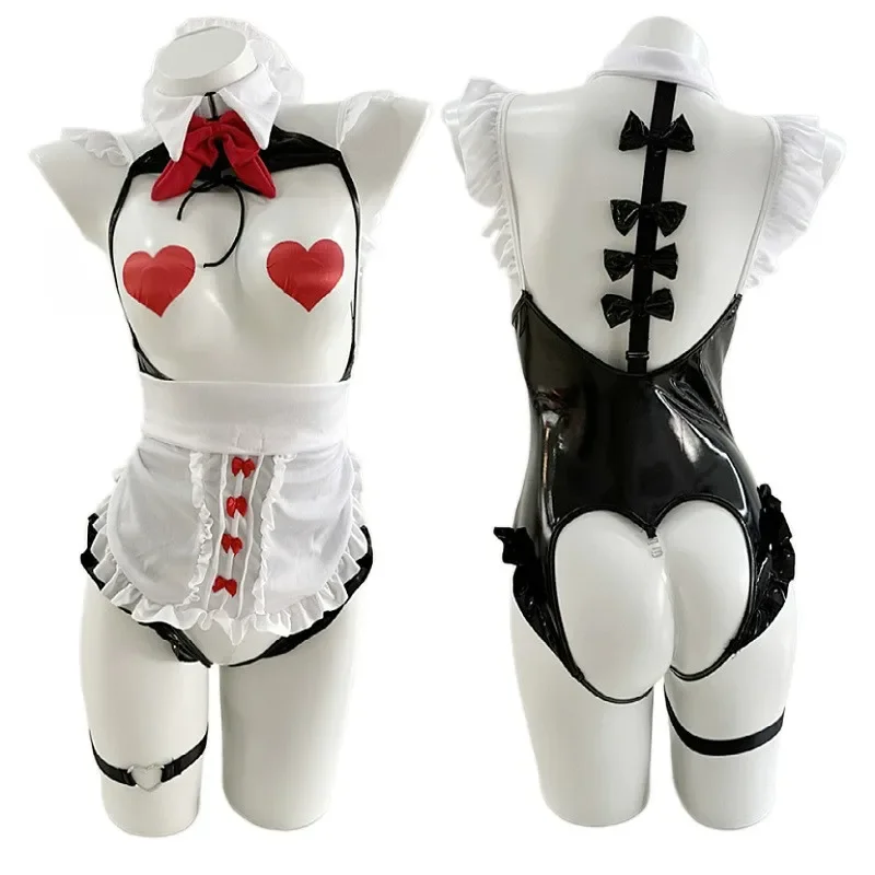 Anime Female Cook Maid Uniform Cosplay Costumes Women PU Leather Bodysuit Apron Sexy Underwear Role Play Party Outfits Lingerie