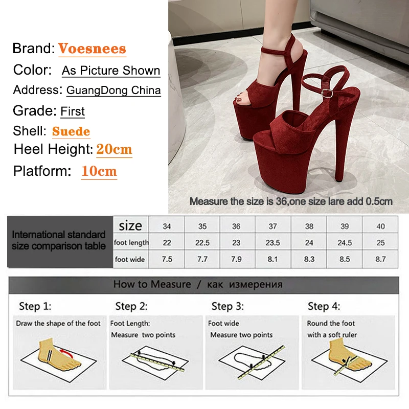 2024 New Summer Women 20cm High Heels 10cm Platform Suede Black Sandals Lady Stiletto Heels Strappy Sandles Catwalk Fetish Shoes