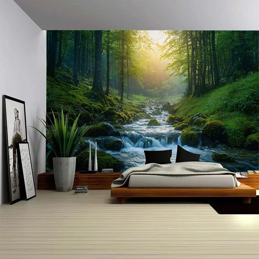 Green Forest Stream 100% Polyester Fiber Wall Hanging Tapestry Multiple Natural Scenery Patterns Aesthetic Home Decor