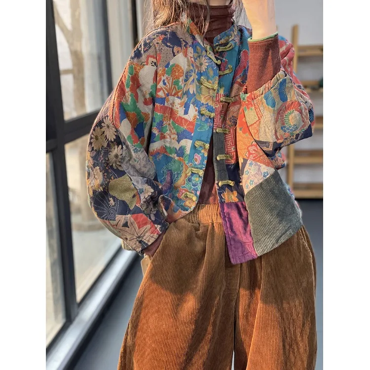 

Retro Print Women's Jaet Autumn Winter New Artistic Cotton Linen Open Cardigan Ladies Chinese Sle Button Cotton Coat Cord...