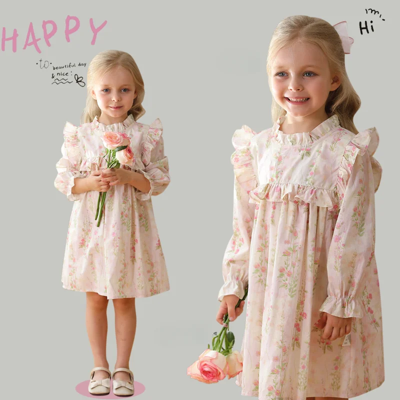 Girls' Dress Autumn French Flowers Wooden Ear Lace Stand Collar Long Sleeve Children's Princess Dress 2 3 4 5 6 7 years old