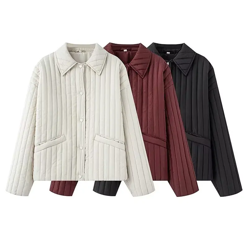 Herbst Neue Damen Baumwolle Jaet Herz Aped Button Dekorativ 2025, SLE Warm Long Sve Flip Collar Mantel Polyesterfaser