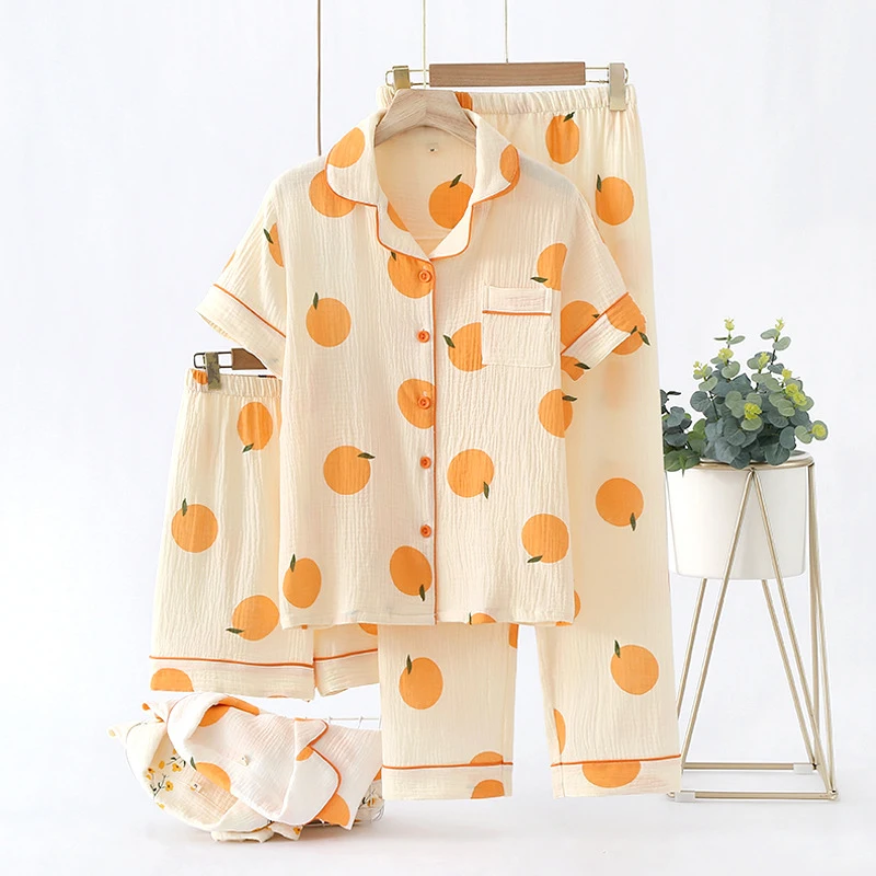 

3-Piece Women's Pajama Set, Simple Pastoral Print Sleepwear, Cotton Gauze Short Sleeve & Shorts, Lightweight & Breathable Relaxe