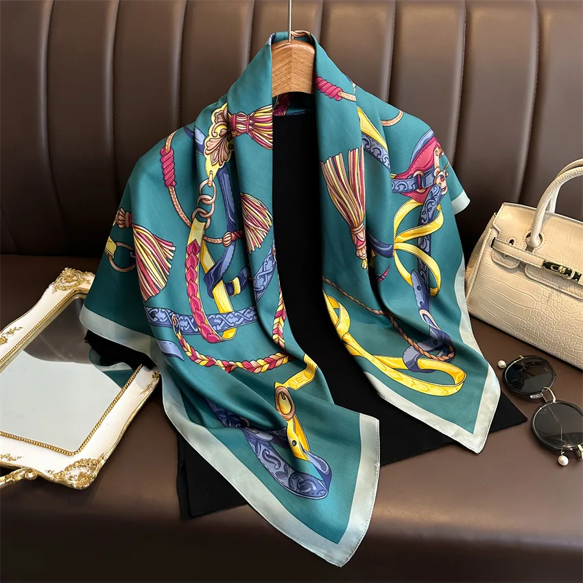 90*90cm Woman Silk Scarf Square Twill Polyester Satin Shawls Hijab Scarves for Women Stylish Bandana