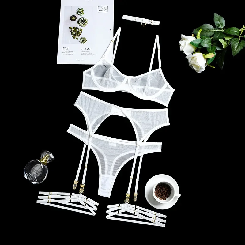 Sexy Lingerie Set Woman 4 Pieces Mesh Comfortable Slimming Bra Garters Brief Sets Seamless Blue Transparent Ladies Underwear