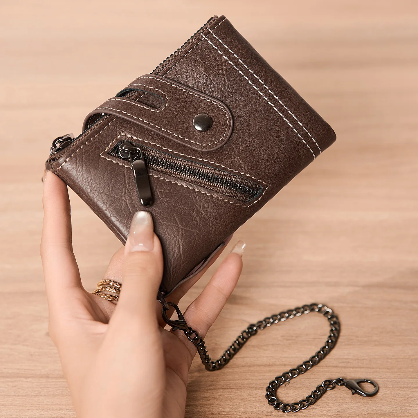 new-men's-short-wallet-retro-dual-zipper-multi-card-slot-coin-purse-anti-loss-chain-change-holder-compact-travel-document-case