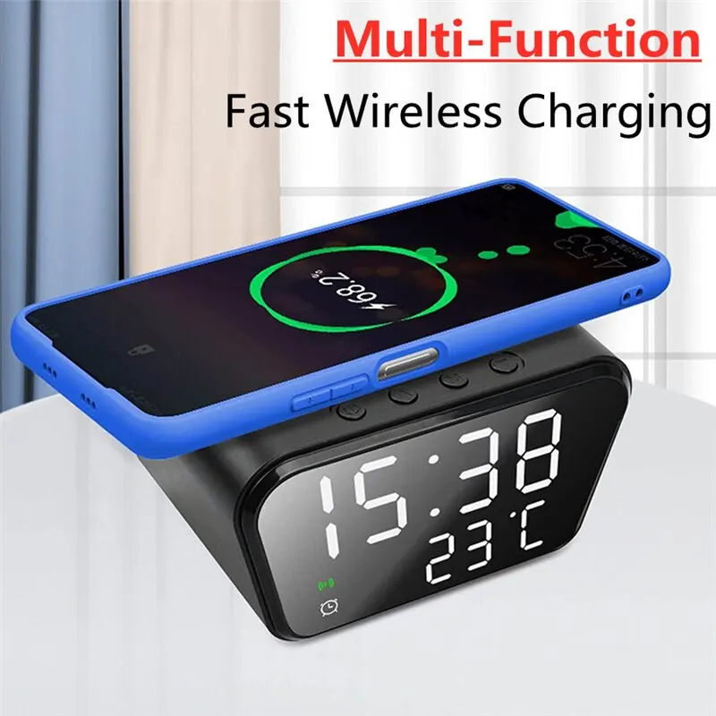 Wireless Charger Pad LED Digital Alarm Clock Desktop Temperature Phone Chargers Stand 15W Fast Wireless Charging Dock Station