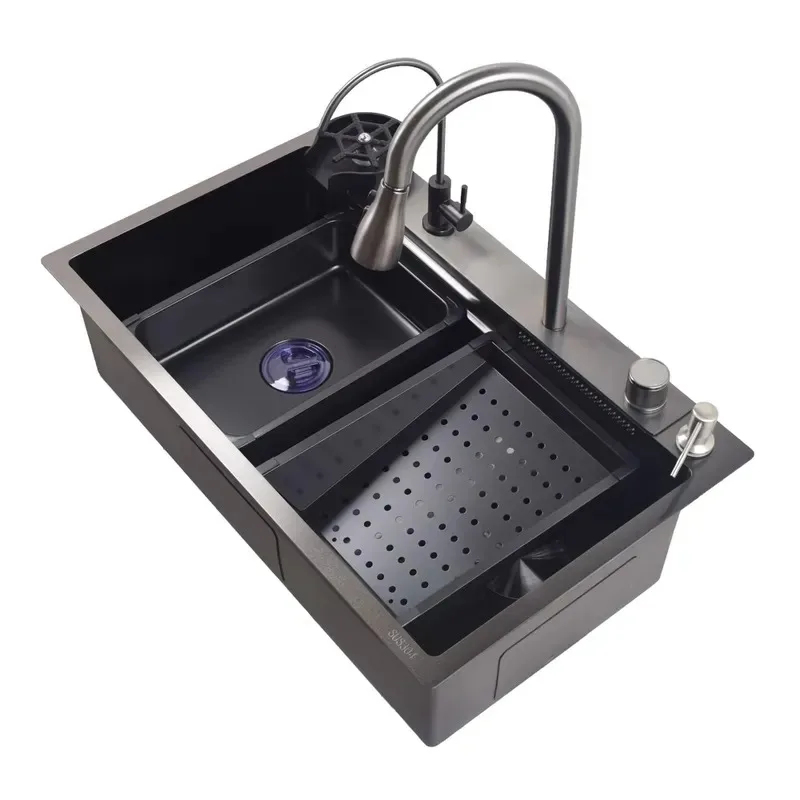 STLF Single bowl kitchen sink new black 304 stainless steel rectangular with faucet counter installation four holes