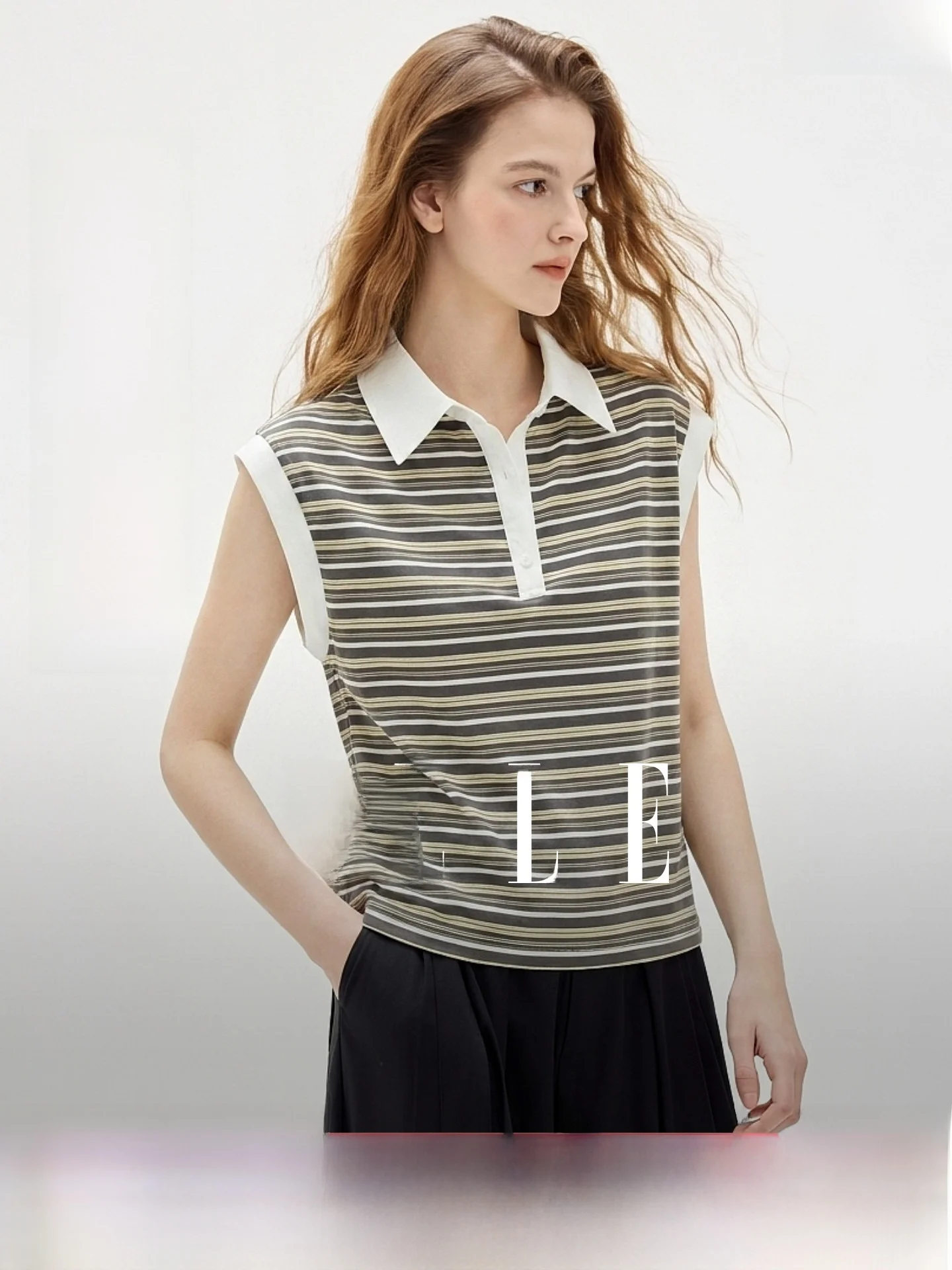 

Elle Women's Neck T-Shirt Summer New Design Short Sleeve Striped Lycra Rayon Retro Color Block Collar Casual Top