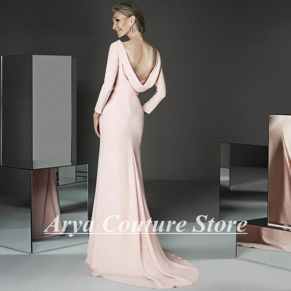 2024 Pure Pink maniche lunghe sirena madre della sposa abiti scollo a barca Jersey abiti da sposa per gli ospiti con Backless personalizzato