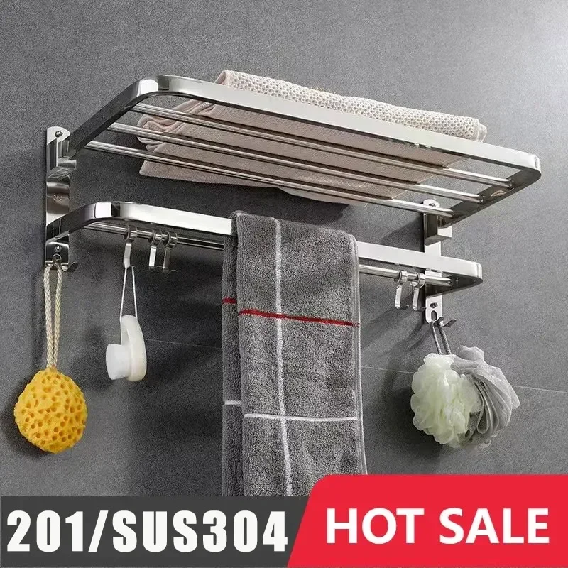 40-50CM 304Stainless Steel Folding Movable Bath Towel Shelf Polished Bathroom Towel Rack Holder Storage Shelf Hook Accessories