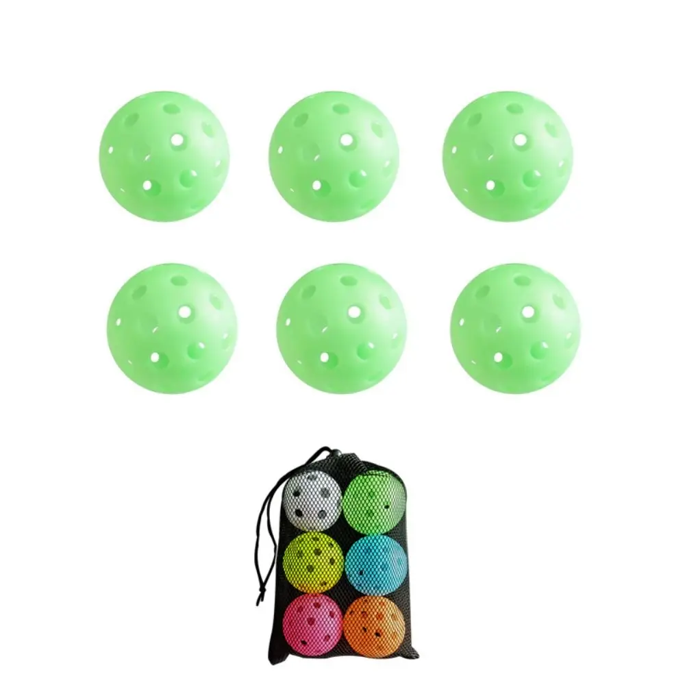 6pcs/set High Visibility Luminous Pickleball Ball Colorful 40 Holes Glow in The Dark Pickleball with Mesh Bag Offcial Size