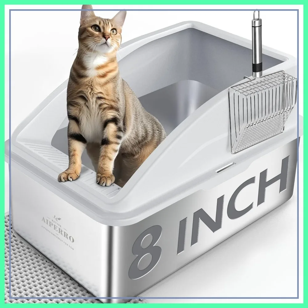 XXL Stainless Steel Litter Box, 8" Deep High Sides, Anti-Leak, with Mat & Scoop