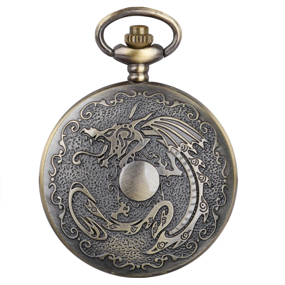 خمر التنين البرونزية ساعات الجيب الكوارتز التناظرية قلادة قلادة فوب سلسلة ساعة الرجال النساء الأطفال مجوهرات اكسسوارات هدايا