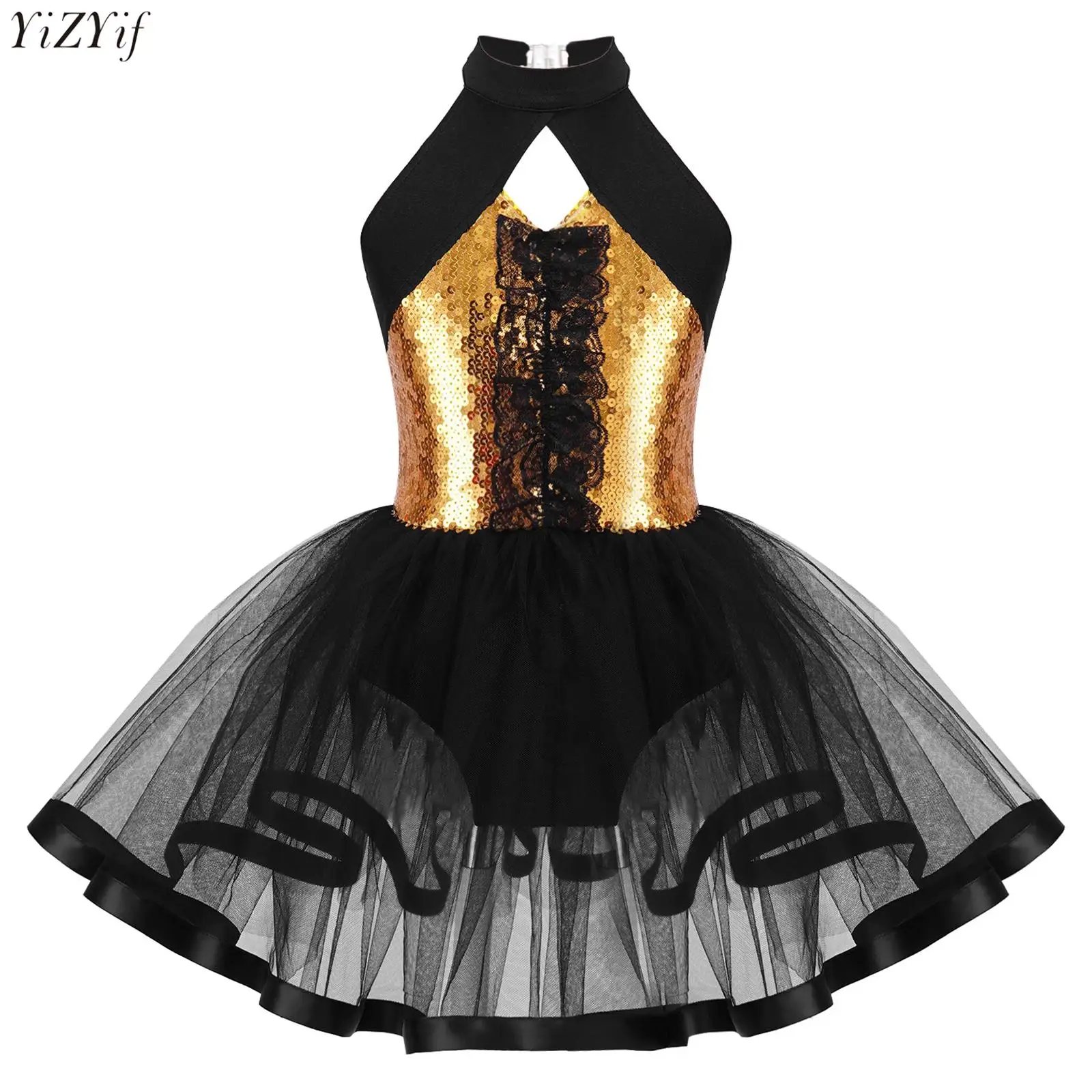 

Kids Girls Jazz Ballet Dance Dress Sleeveless Shiny Sequins Ruffle Lace Hollow Back Tutu Mesh Leotard Dress Ballerina Dancewear