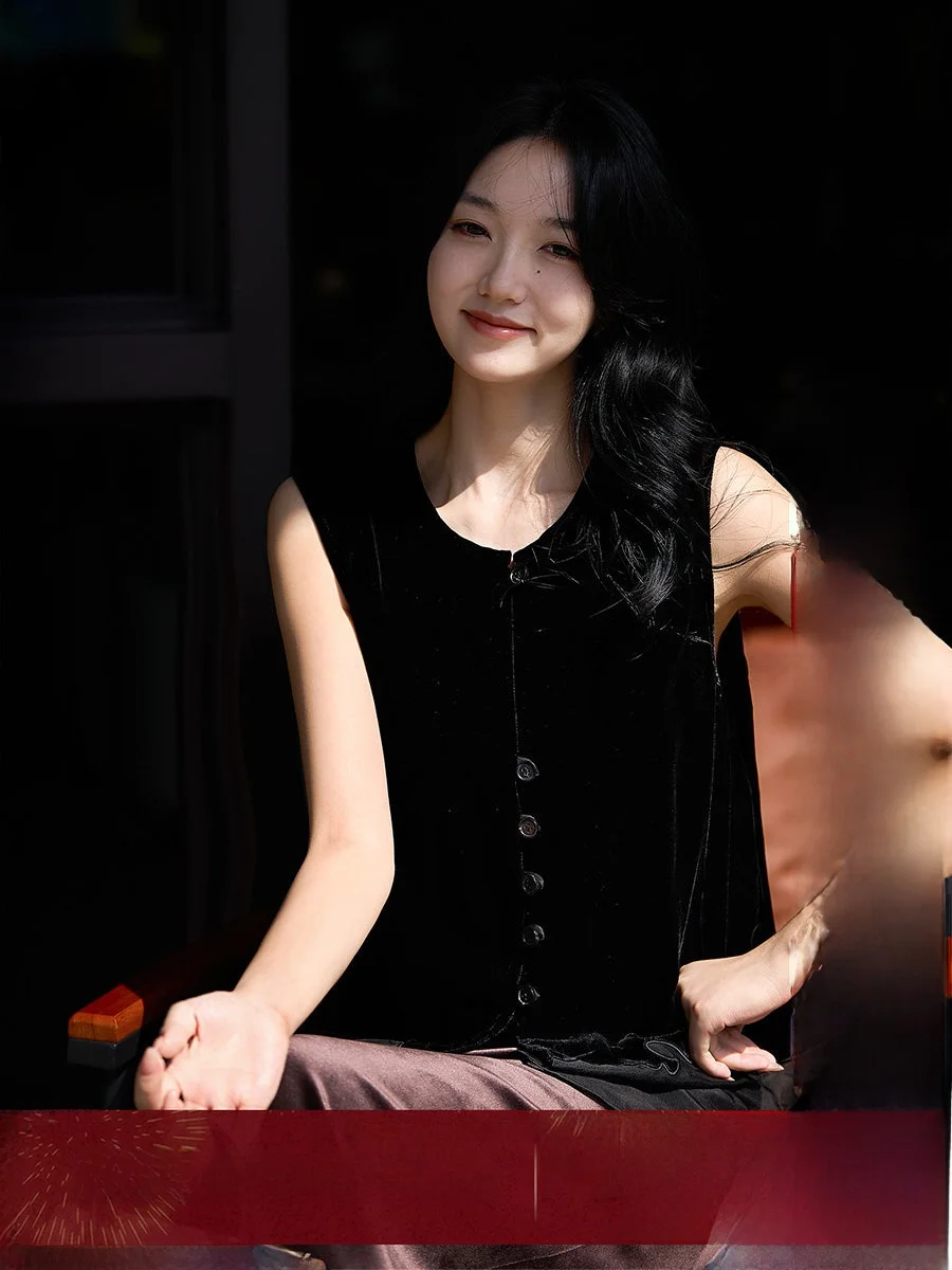 

Silk Organza Bla Swan Velvet Jaet Svel Women's Vest Commute Sle round Ne Thin Warmth Weak Pure Color Autumn New