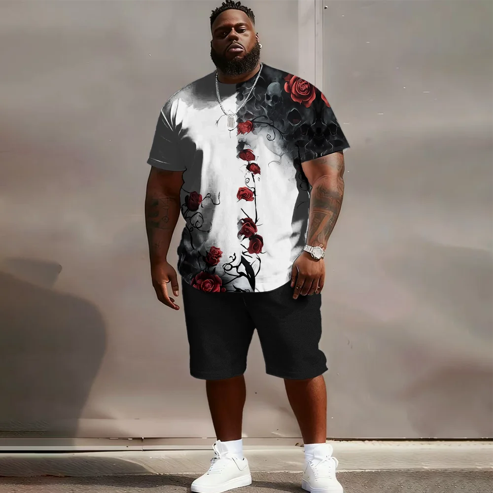 

S-9xl plus size Men's Short Sleeve Set: Skull-Edge Vibe - 2-Piece Big & Tall Fit, Soft Fabric, Sleek Distressed Skulls