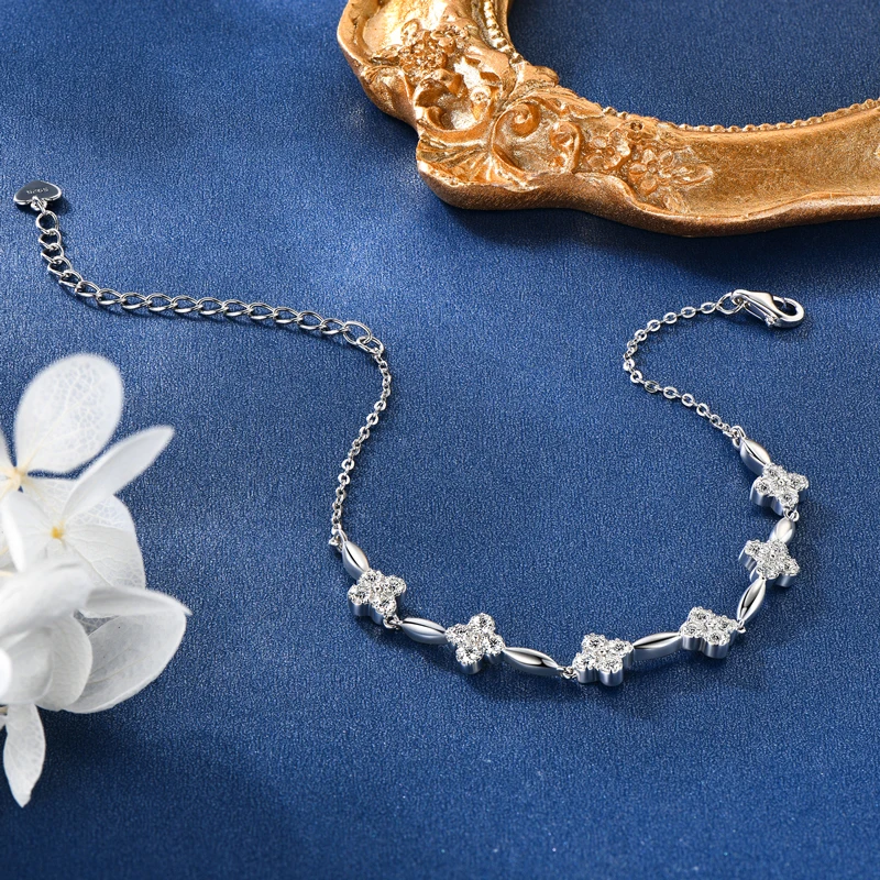 

RAPRGOLD Round Cut Moissanite Bracelet for Women 925 Sterling Silver Flower Charm Bracelets Chain Wedding Fine Jewelry pulseras