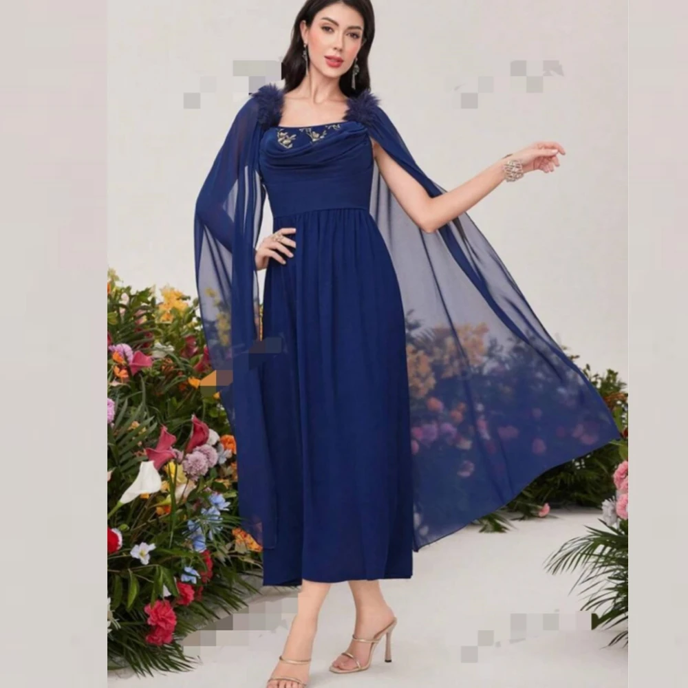 Customized  Chiffon Applique Draped Feather Celebrity A-line Square Collar Bespoke Occasion Gown Midi Dresses