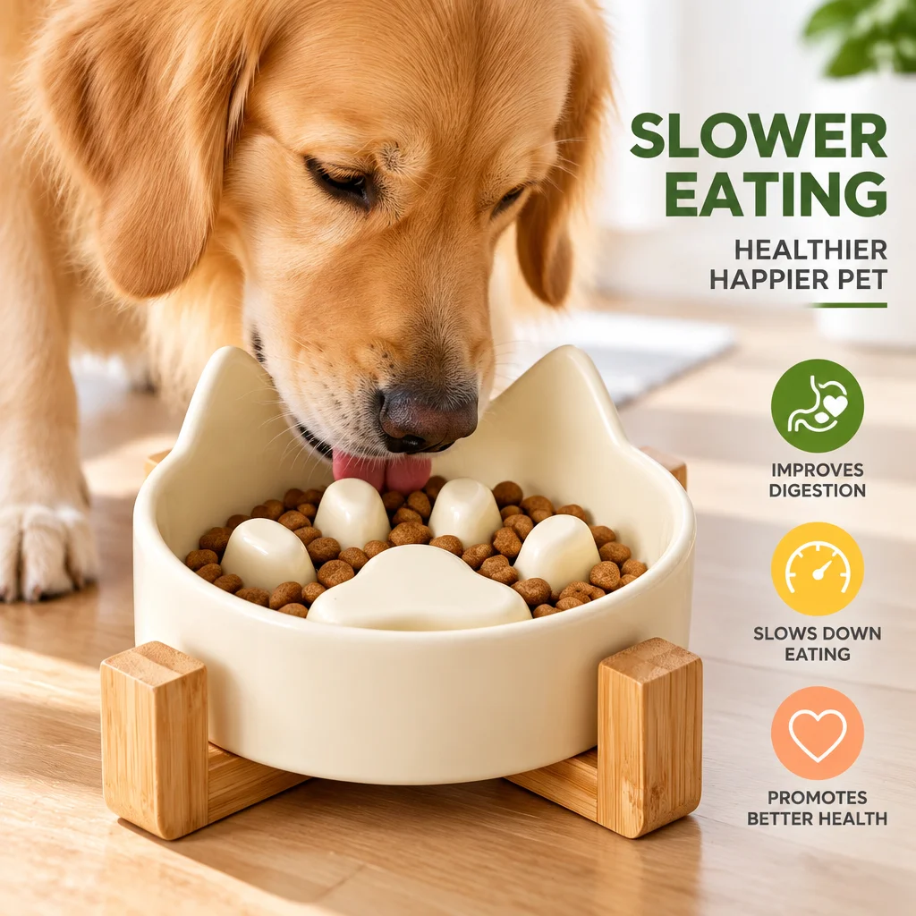 1SET Creative Ceramic Anti-Choking Slow Eating Dog And Cat Bowl with Wooden Frame, Large Bore Dogs Food Bowls, Pet Supplies