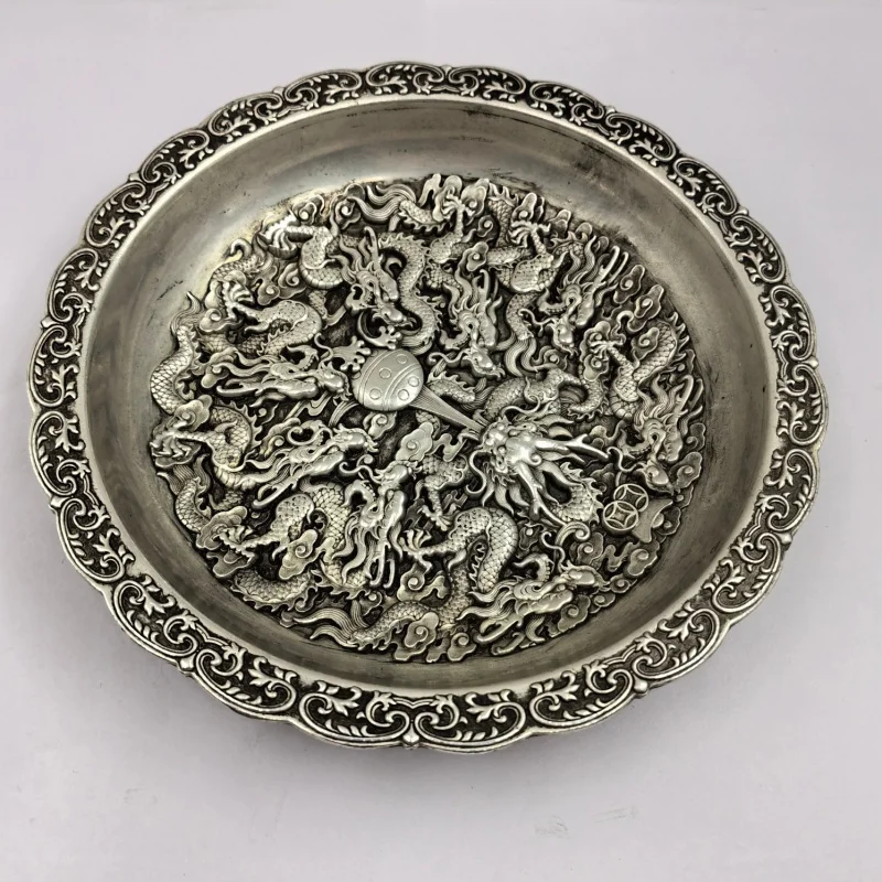 

Ancient Crafts Nine Dragon Silver Plate Pure Copper Silver Plated Plate Imperial Silver Plate Collectible Ornament