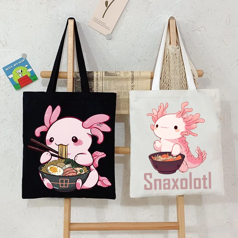 New Axolotl Series Women Tote Bags Cute Ramen Axolotl Print Canvas Eco Handbag High Capacity Harajuku Fashion Teen Shoulder Bag