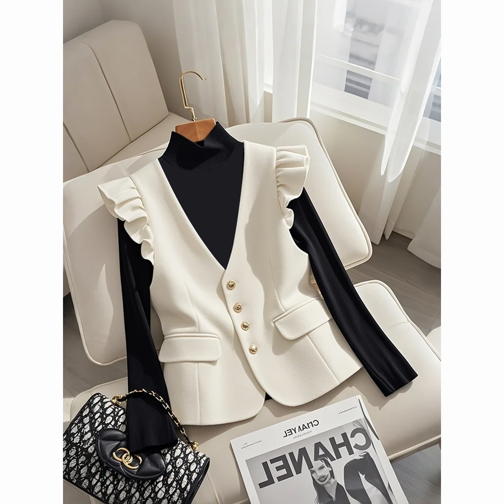 

Autumn Winter Simplicity Elegant Ruffles Solid Color Tailored Coat Ladies Temperament Buttons V-neck Sleeveless Top Tee Coat
