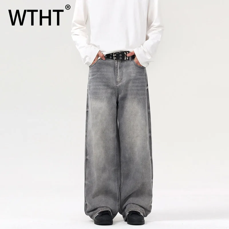 

WTH винтажные мужские плиссированные джинсовые брюки с градиентом, модные осенние свободные широкие прямые джинсы 2029, мужские 2A2301