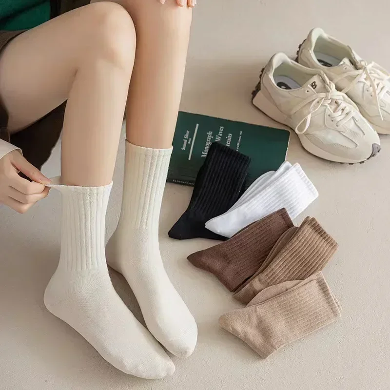 

Women Elastic Socks Solid Color Fashion Classic Striped JK Socks Coffee Beige White Black Cotton Middle Tube Long Casual Socks