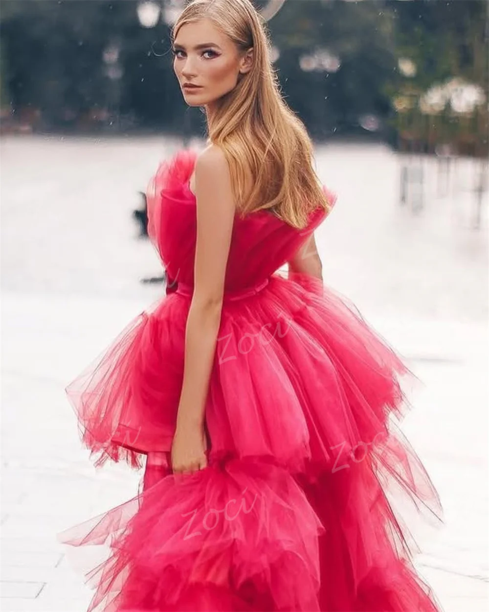 فستان Zoci صدفي وردي ساخن للحفلات المسائية عالي منخفض متدرج من التل فساتين لحضور الحفلات الموسيقية السعودية مخصصة على شكل حرف A فستان رسمي للحفلات المسائية