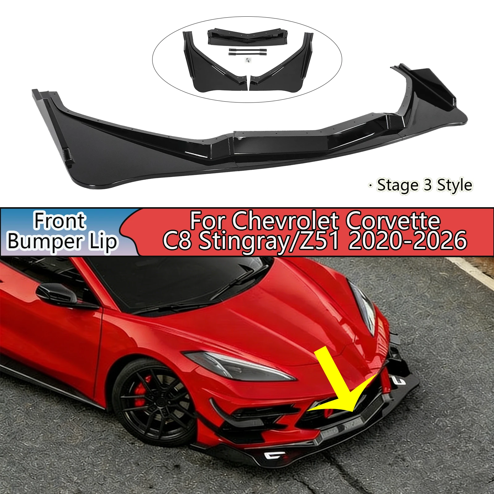 

A Set Of Front Bumper Lip For Chevrolet Corvette C8 Stingray/Z51 2020-2026 Glossy Black Stage 3 Style Carbon Fiber Painted