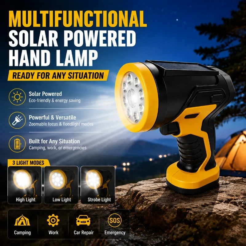 Multi‑Functional Solar Rechargeable Flashlight Ultra‑Bright Outdoor Work Lamp Multi‑Mode Long‑Throw Flood Beam Torch Serves