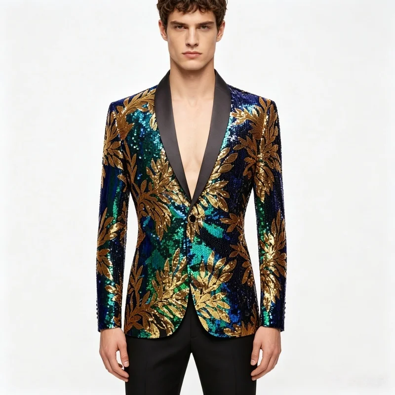 

Men's Embroidery Sequins Blazer Suit Jacket Shawl Collar Slim Fit Evening Party Dance Blazers Singer Host Stage Tuxedo Coat