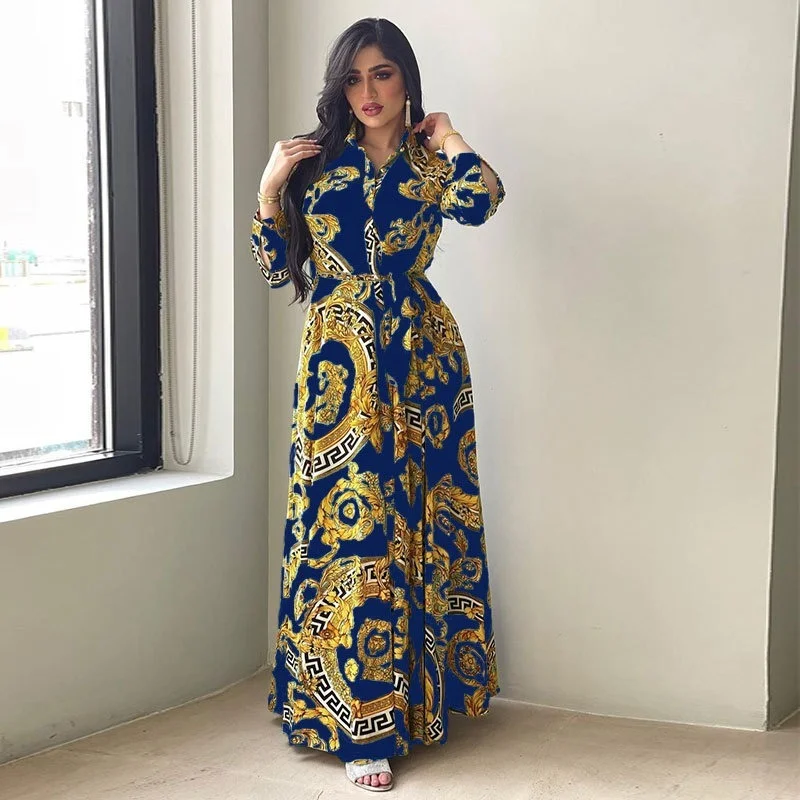 

Abaya Femme Hot Sale In Europe and America Women Printed Shirt Dress Abaya Dubai Abayas for Eid Women Turkish Muslim Dress