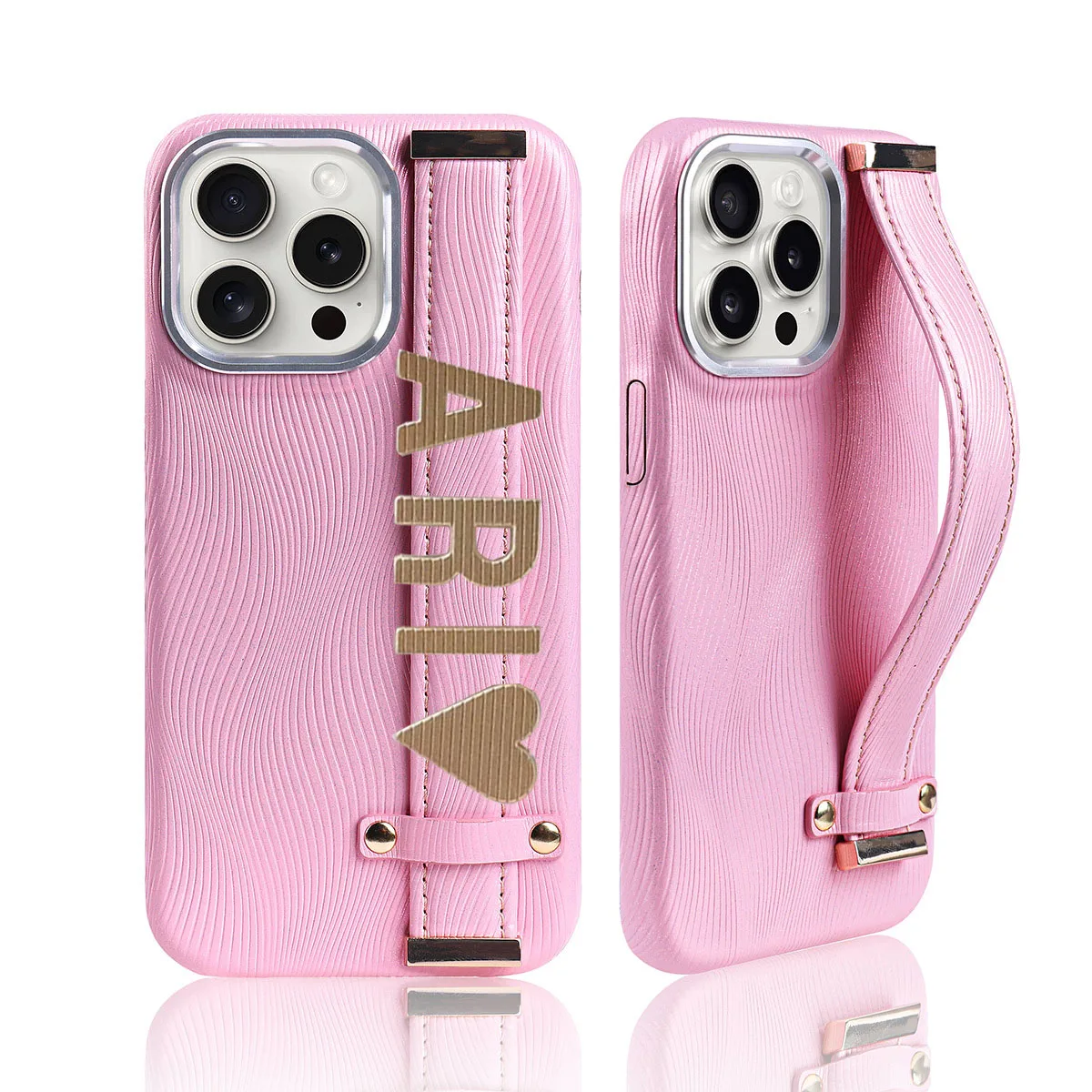 

Personalized Custom Metal Name Initials Strap Leather Phone Case For iPhone 16 13 12 11 14 15 Pro Max Mini 7 8 Plus Holder Wrist