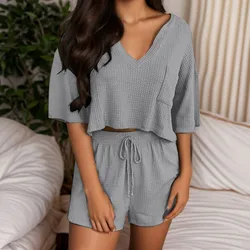 Streetwear Casual Sets Short Sleeves Solid Color Crop Top 2 Piece Set Women Pajama Sets Fashion Knit Top and Shorts Set Clothes