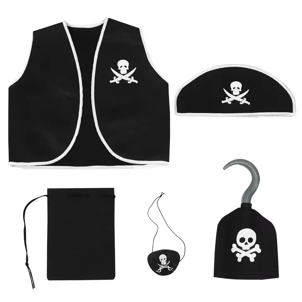 Kids Pirate Cosplay 7Pcs Set Black Vest Hat Hook Eye Mask Bag Comfortable Outfit For Halloween Festival Party Dress Up