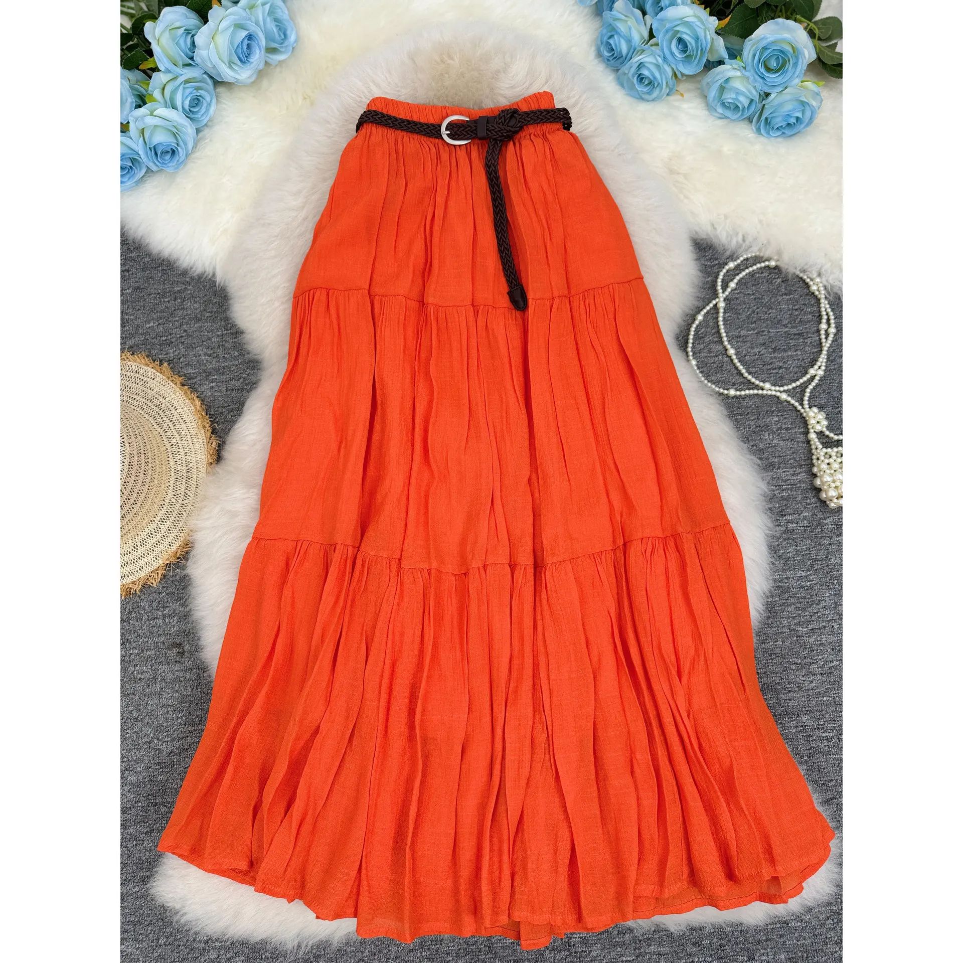 Women Skirts Spliced Skirt Pleated A Line Ankle Length Elastic Empire Waist Slight Strech Loose Fit Casual Office 2026 Summer