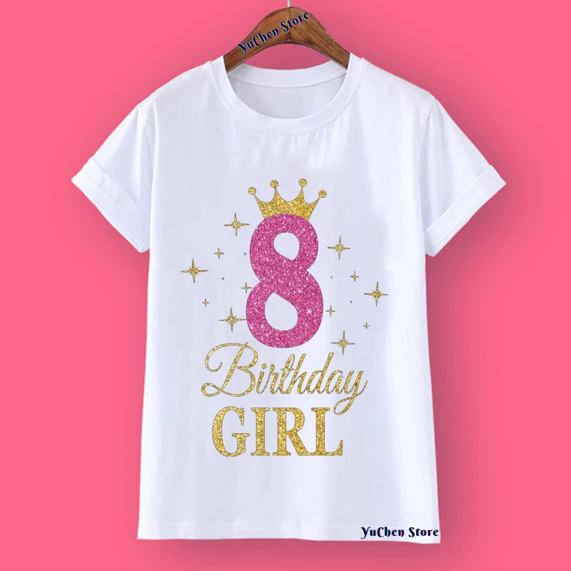 2022 New Kids Girls Summer Birthday T-shirts Short Sleeved T Shirt Size 1 2 3 4 5 6 7 8 9 10 Year Children Party Clothing Tops