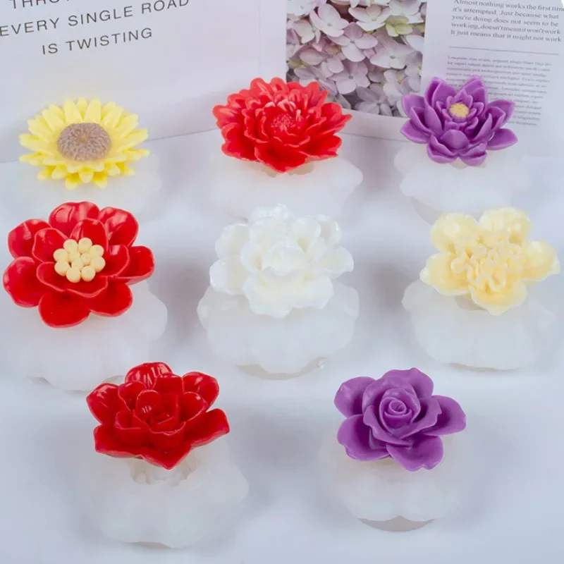 Zackoo 3D Flower Scented Candle Silicone Mold Rose Peony Chrysanthemum Chocolate Mould Gypsum Epoxy Molds Diy Cake Decoration