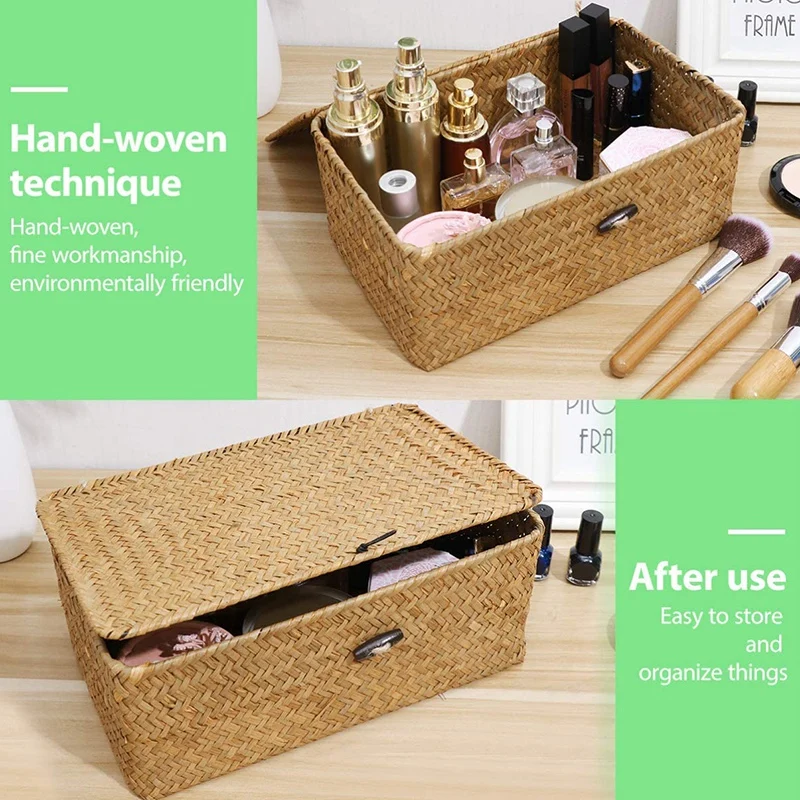 Rattan Storage Basket,Straw Seaweed Basket, Hand-Woven Storage Basket Multipurpose Container With Lid