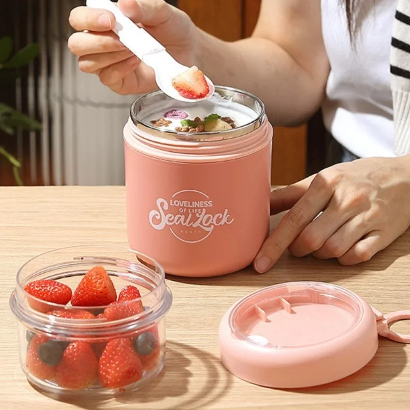 Double Layer Soup Cup Oatmeal Cup with Spoon Stainless Steel Breakfast Milk Bowl Office School Picnic Portable Food Container