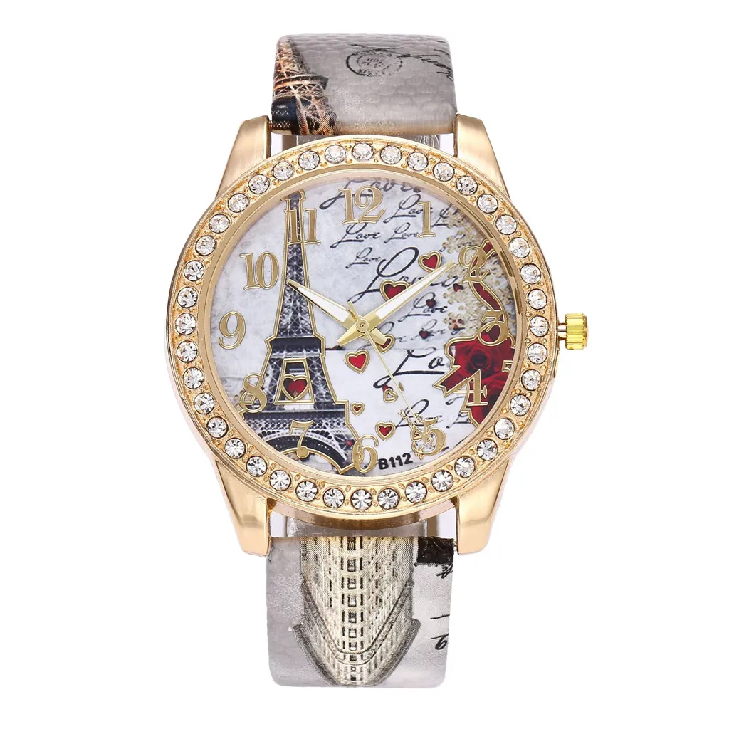 Vintage Paris Tower Women Fashion Watch Crystal Leather Quartz Wristwatch