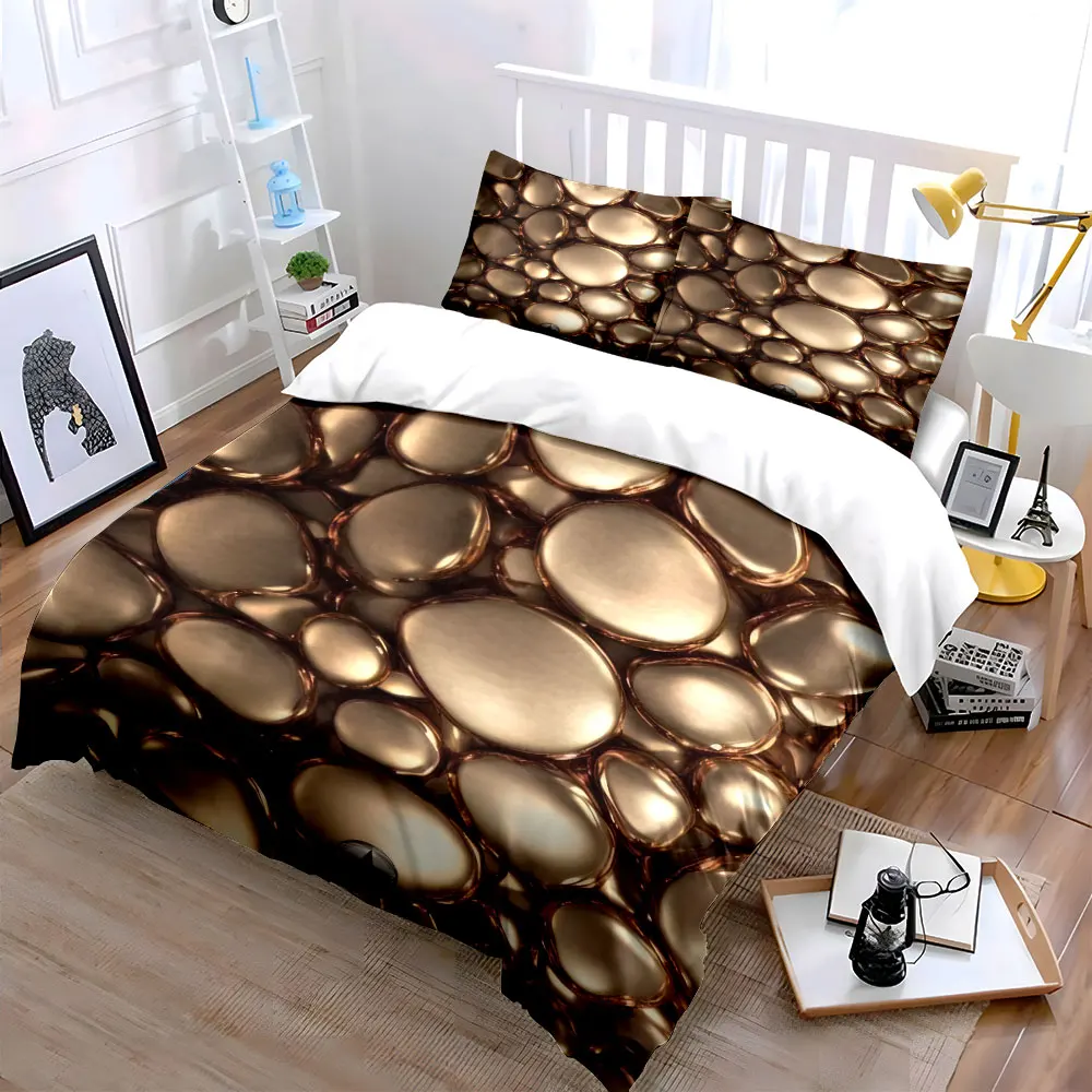 Champagne Metallic Pebble 3D Texture Duvet Cover Set, Bronze Trim Luxury Bedding Includes 1 Duvet Cover And 2 Pillowcase,Gift
